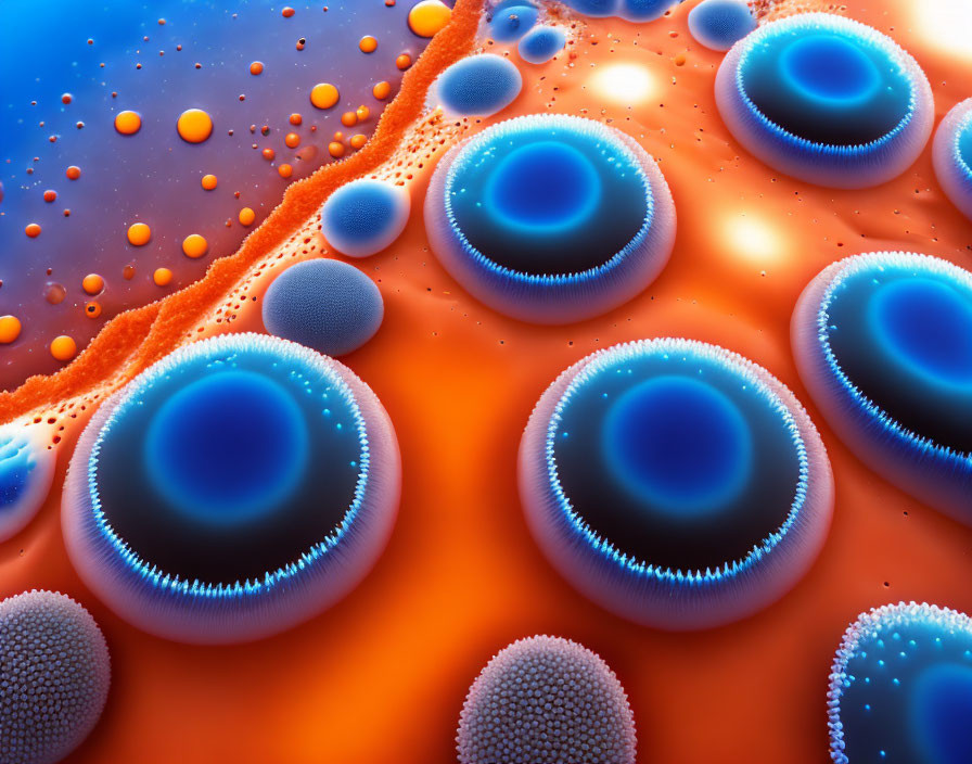 Detailed 3D rendering of blue core spherical objects against red and orange fluid background