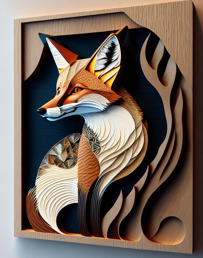 Stylized Fox Paper Art Sculpture in Wooden Frame