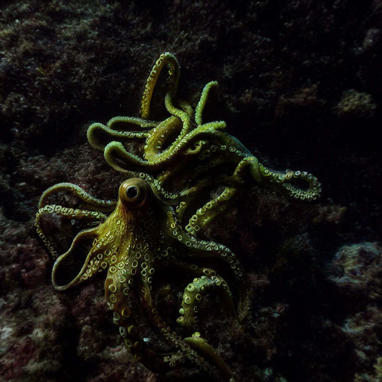 Greenish-Yellow Octopus Camouflaged on Dark Underwater Rock