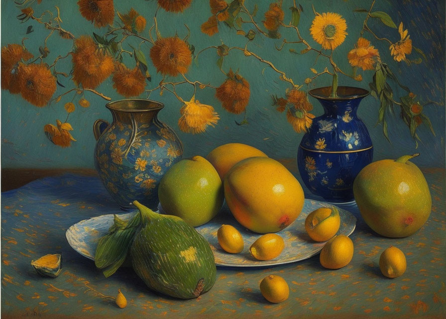 Classic still life painting with ripe mangoes, fig, vases, and yellow flowers