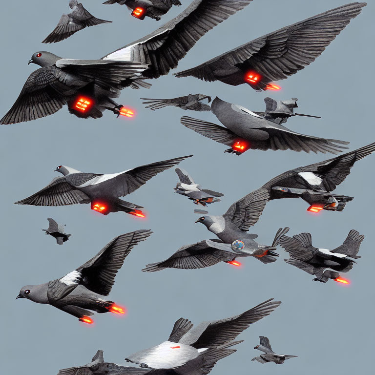 Pigeons with LED lights in flight on grey background