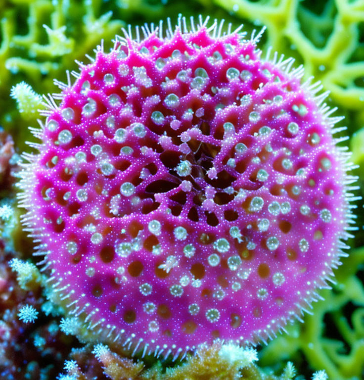 Vibrant pink and purple Drosera plant with dew-covered trichomes