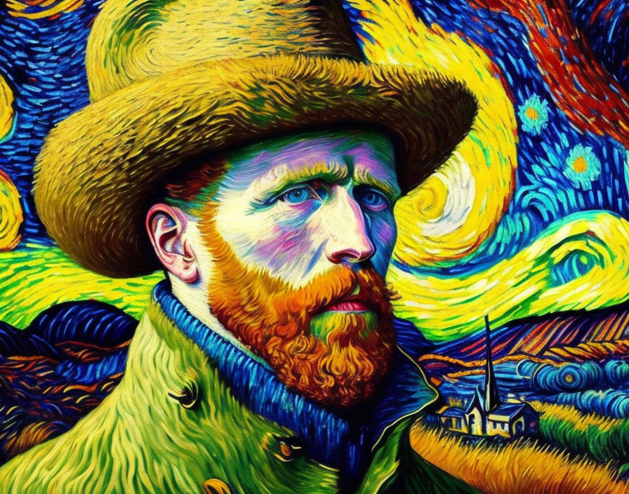 Vibrant portrait of bearded man with swirling patterns & stars