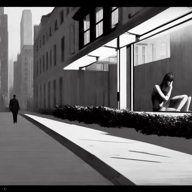 Monochromatic urban scene with tall building, seated figure sculpture, and long shadows