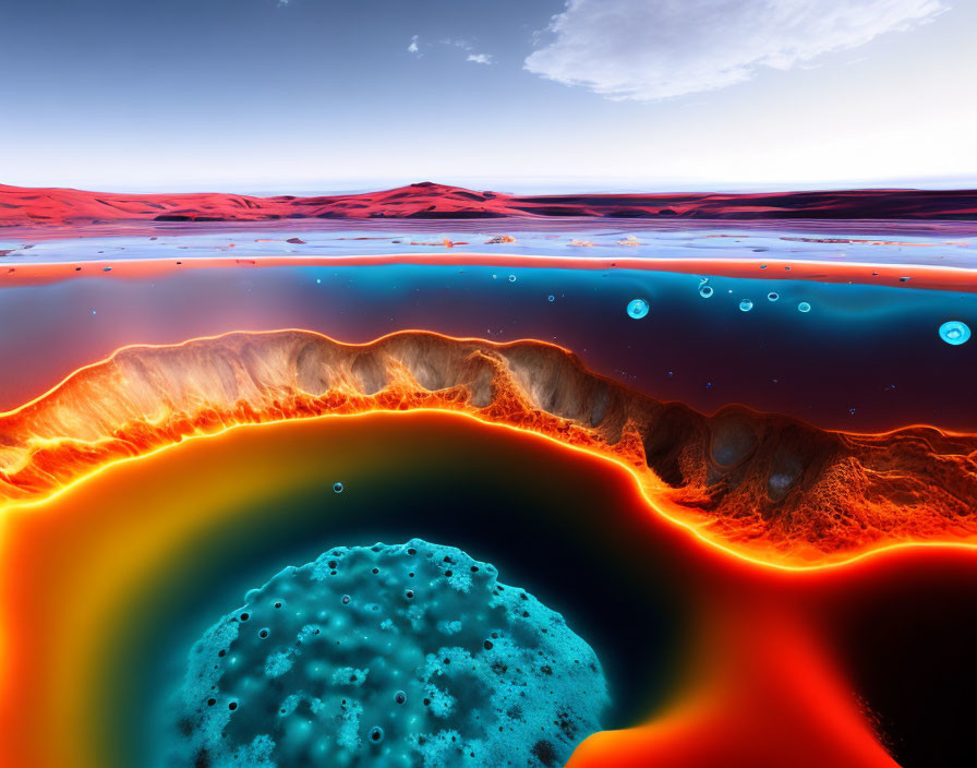 Fantastical Landscape Cross-Section: Underwater View with Glowing Orange Boundary