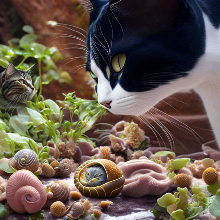 Black and white cat observing garden scene with cat-faced snail shells