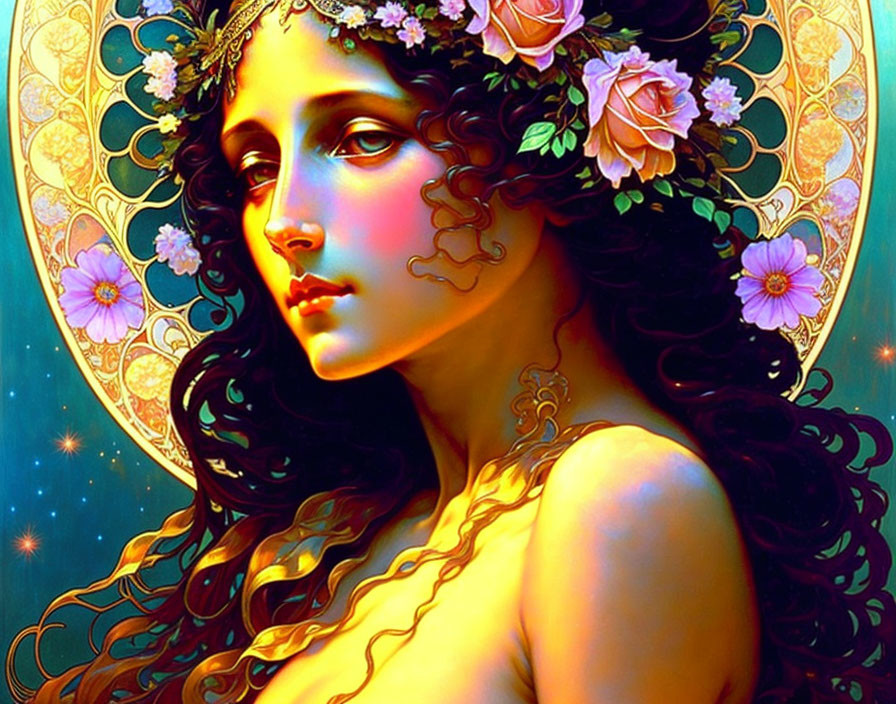 Vibrant portrait of a woman with floral headpiece in celestial setting