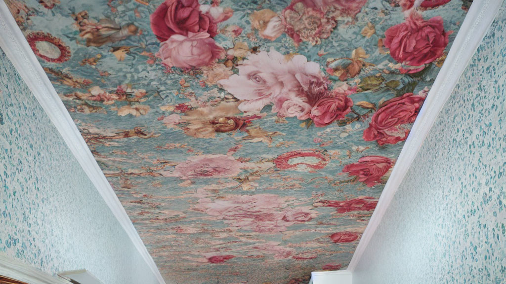 Ceiling floral pattern with roses in varying shades on blue backdrop