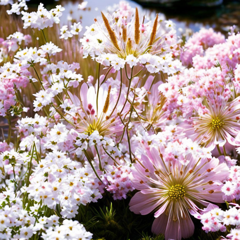 Colorful Pink and White Flowers in Lush Green Foliage under Bright Light