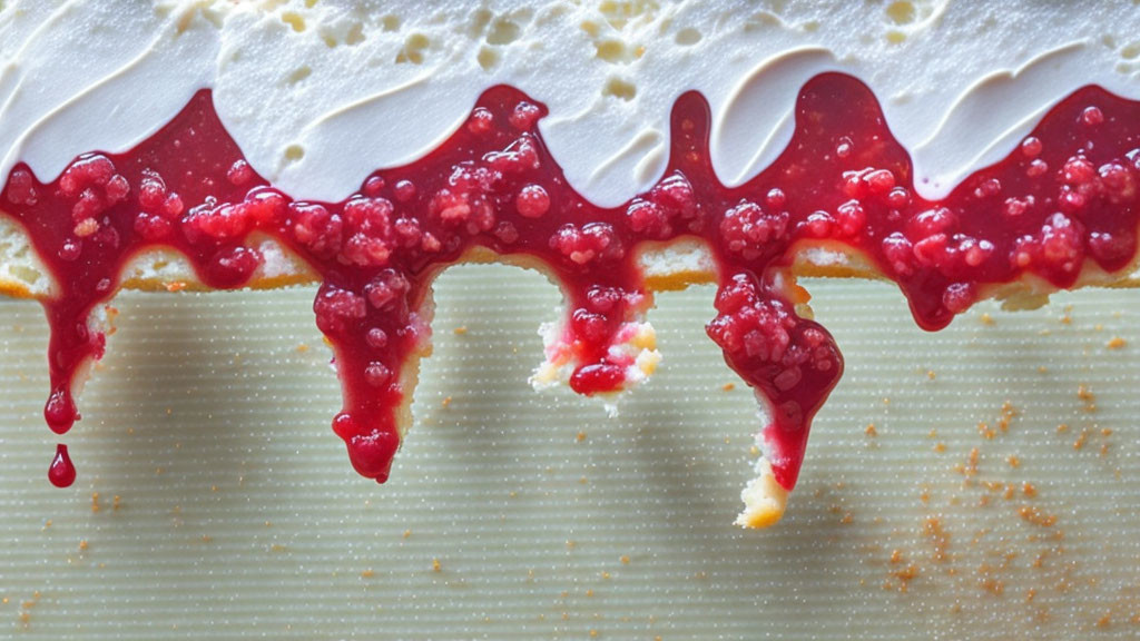 Red Berry Jam Dripping from Sandwich Edge with Visible Seeds