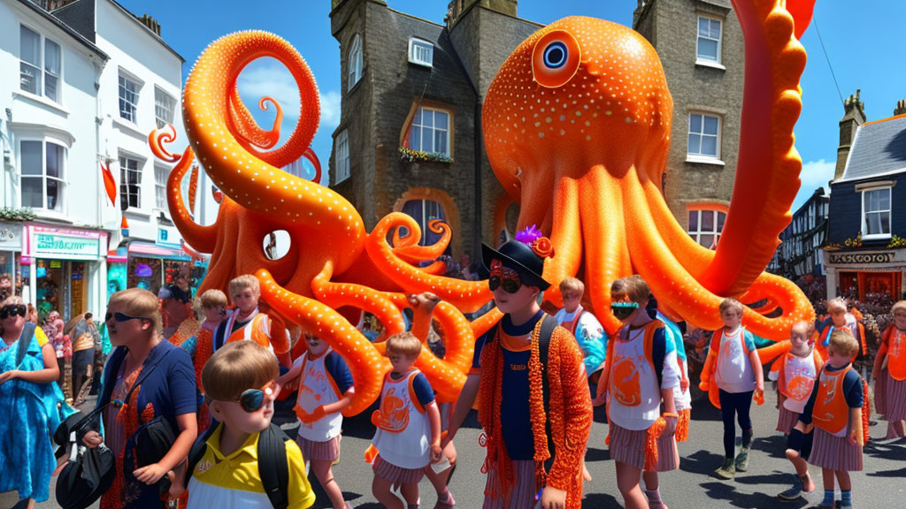 Colorful sunny parade with giant orange octopus float