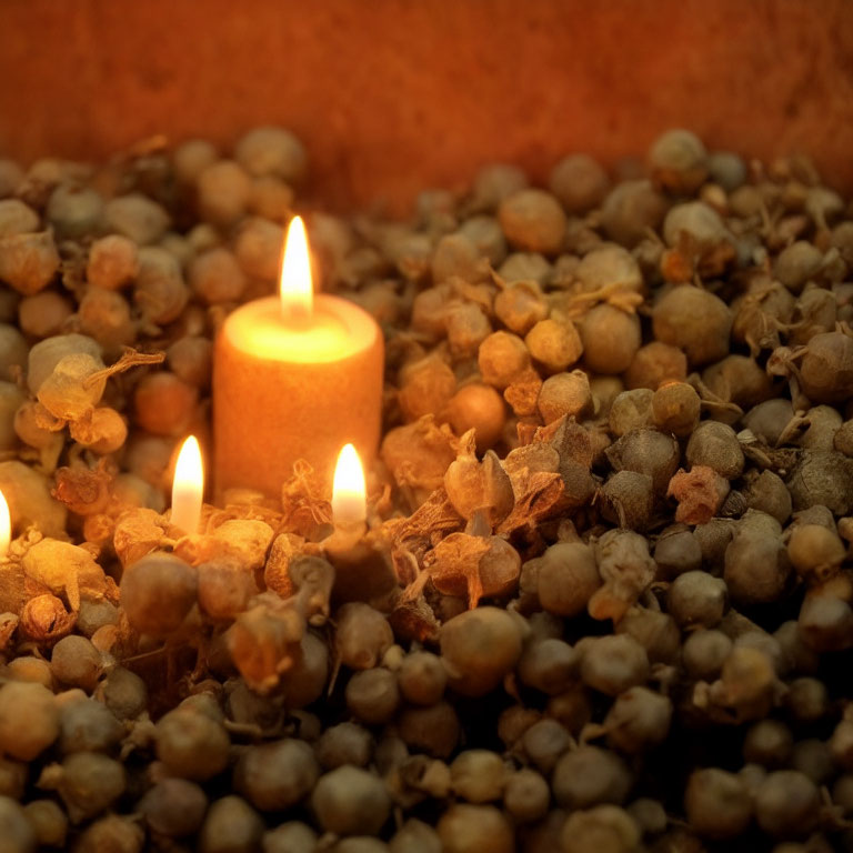 Two lit candles on dried pepper seeds, casting warm glow