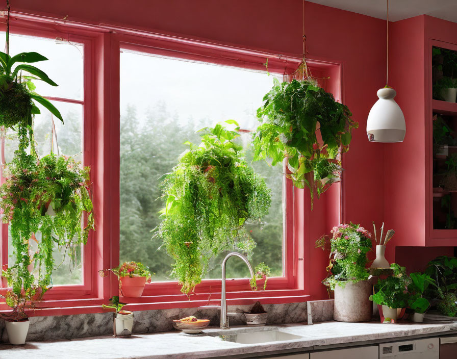 Kitchen corner with large red-framed window and indoor plants