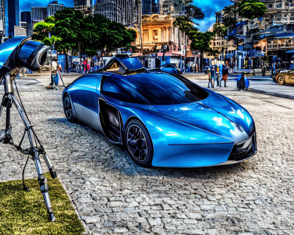 Futuristic blue sports car in urban square with telescope and bystanders