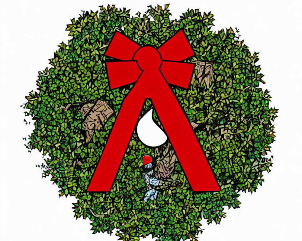 Green Leaf and Red Berry Festive Wreath with Gnome Figure