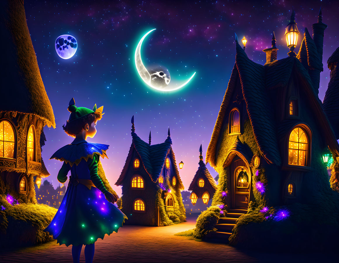 Child in fairy costume gazes at crescent moon in whimsical night scene