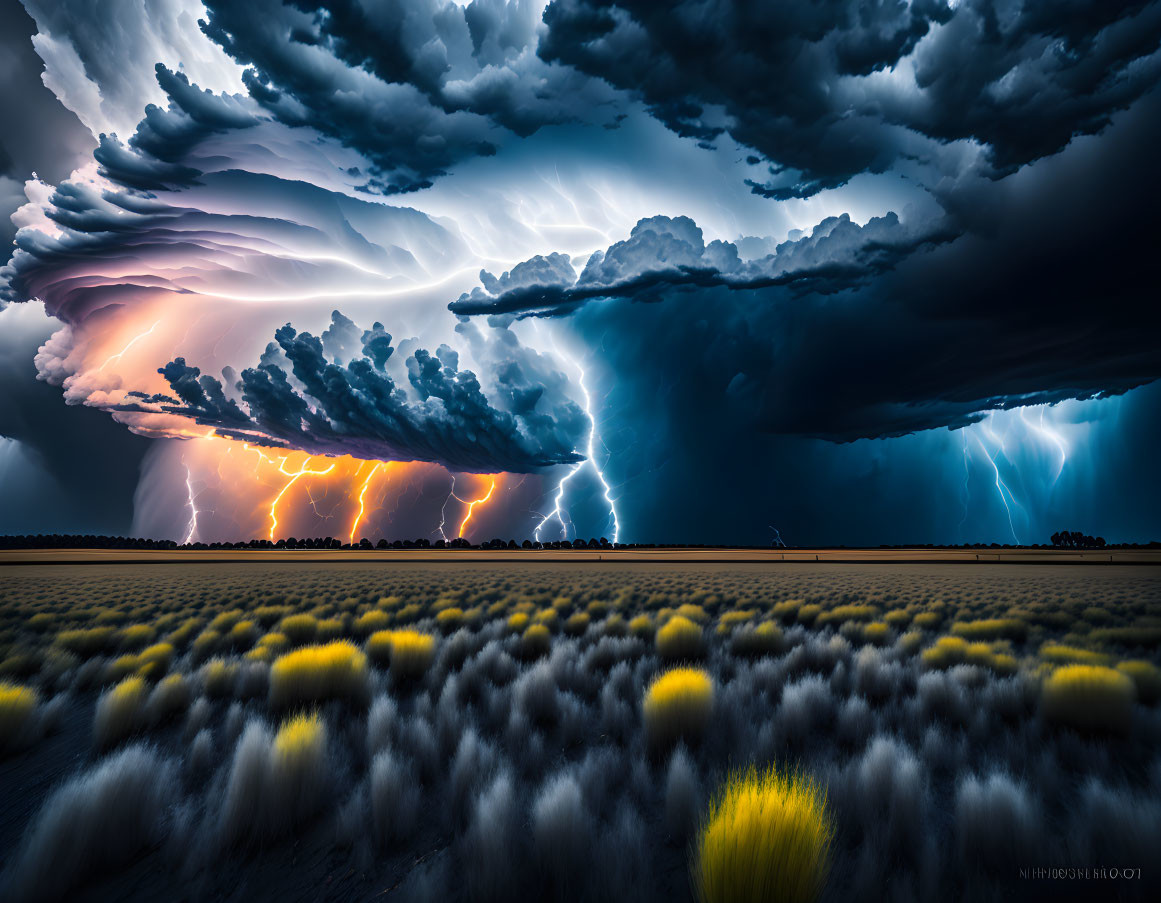 Intense thunderstorm with lightning strikes over a field