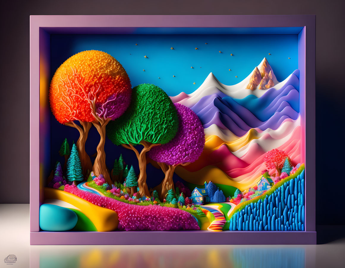 Colorful 3D artwork of whimsical landscape with trees, hills, house, and mountains under