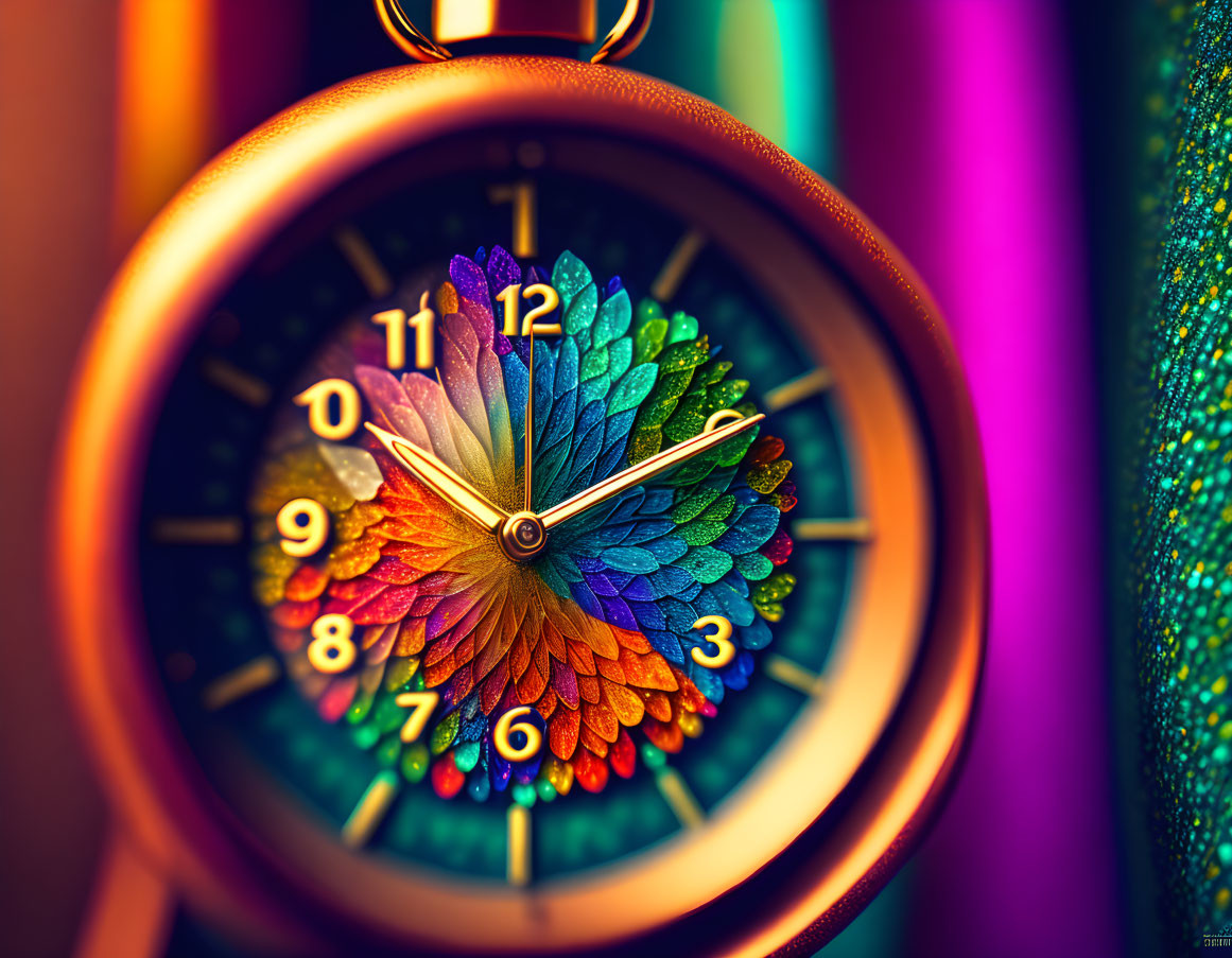 Colorful Rainbow Flower Pattern Pocket Watch with Silver Hands