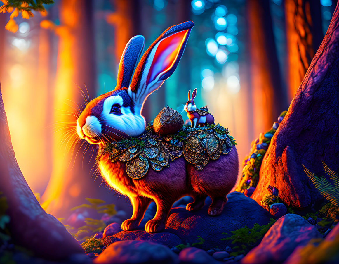 Armored rabbit with companion in mystical forest scenery