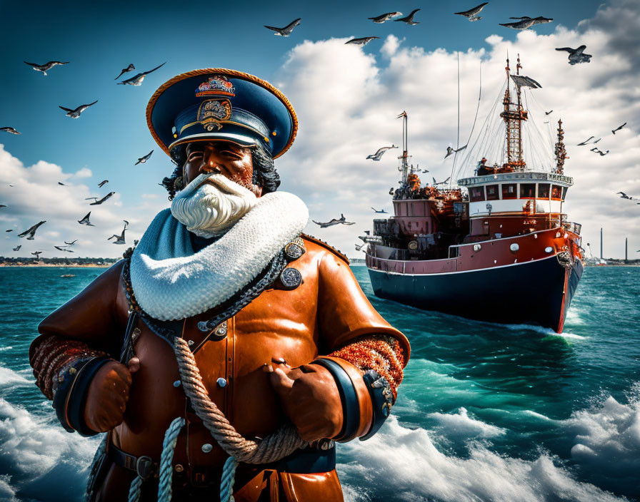 Bearded sea captain statue in bright orange coat with ship and seagulls in backdrop