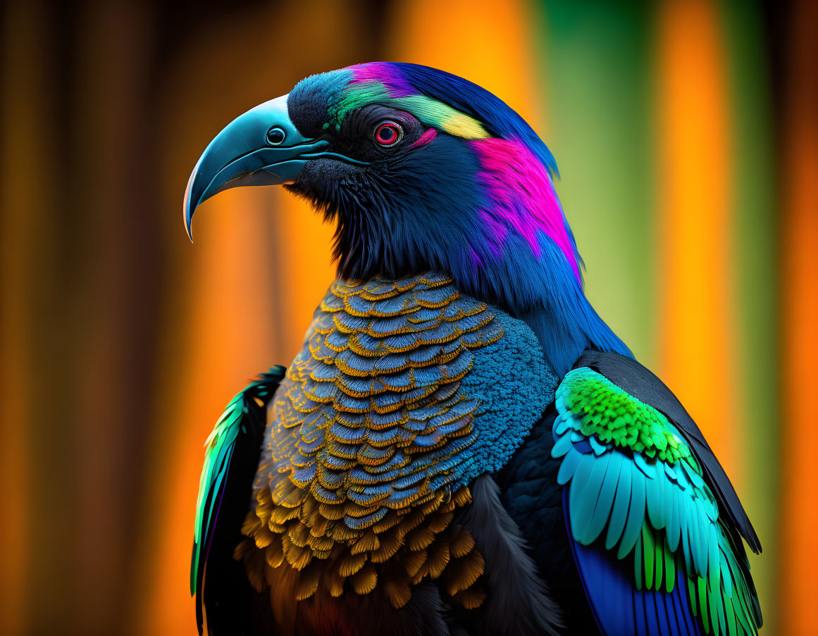 Vibrant colorful bird with blue, green, purple, and gold plumage and black beak