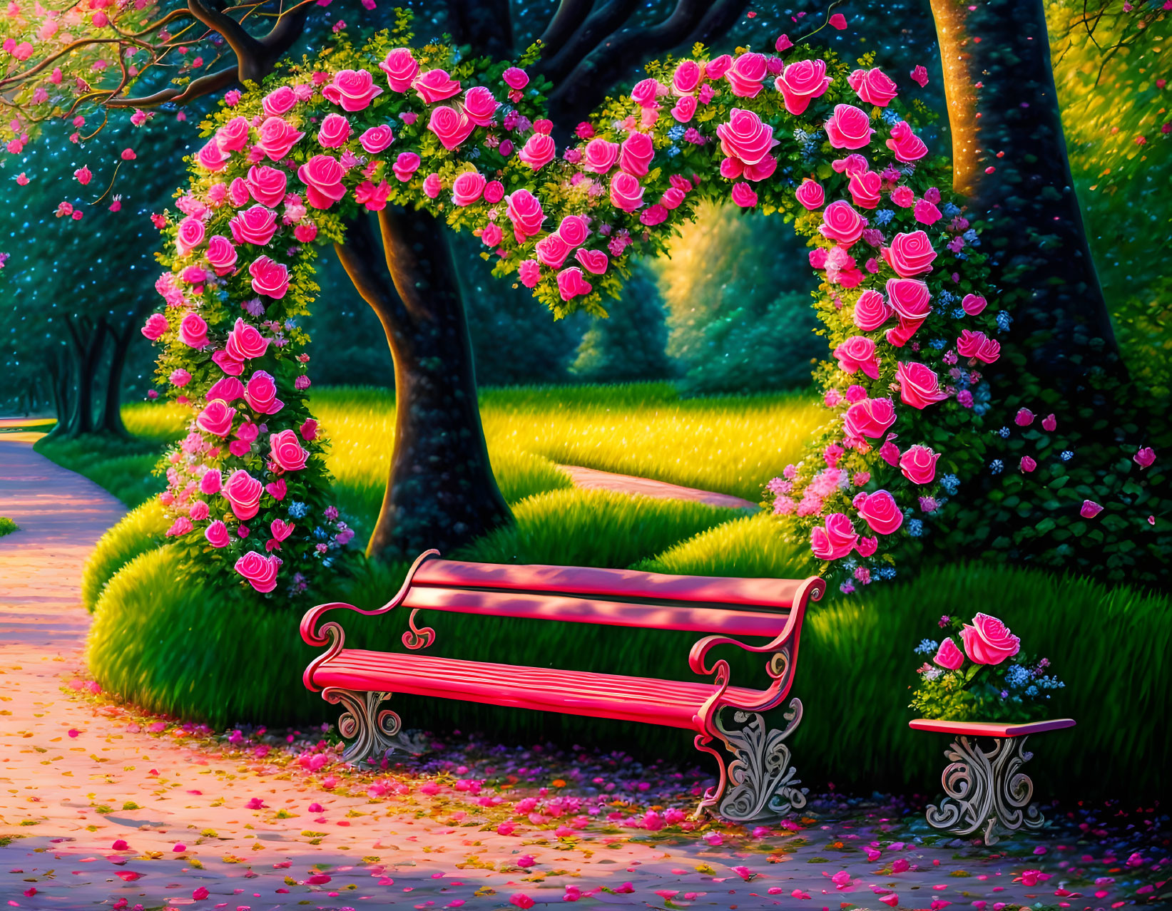 Pink rose-adorned heart-shaped arch over park bench in lush garden