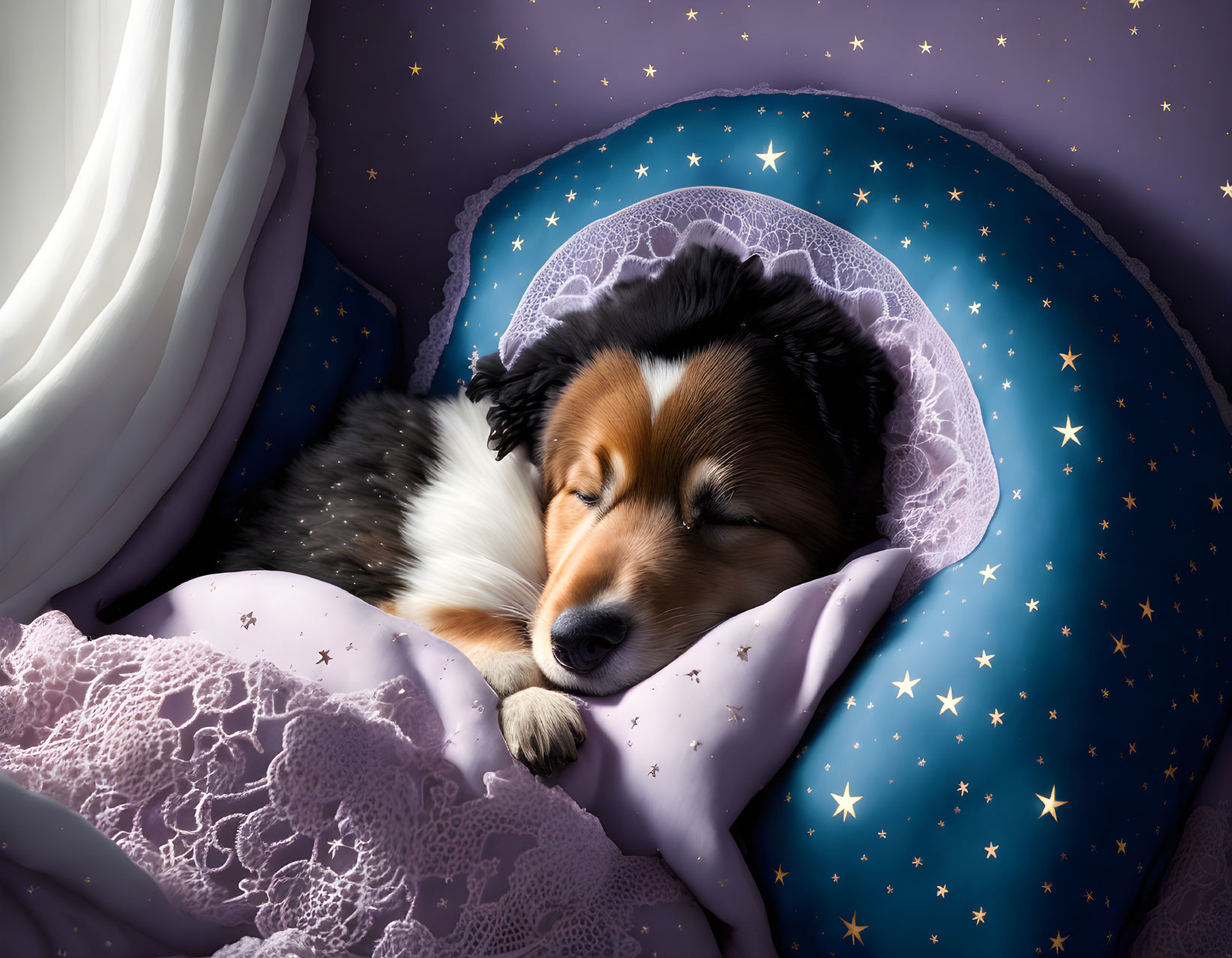 Shetland Sheepdog Sleeping on Star-Patterned Pillow