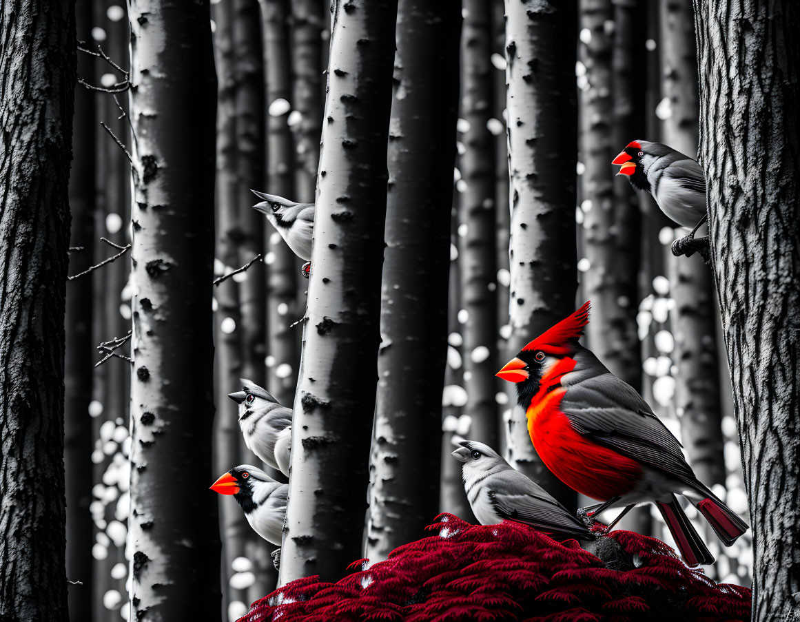 Red cardinals on white-barked trees in monochromatic forest