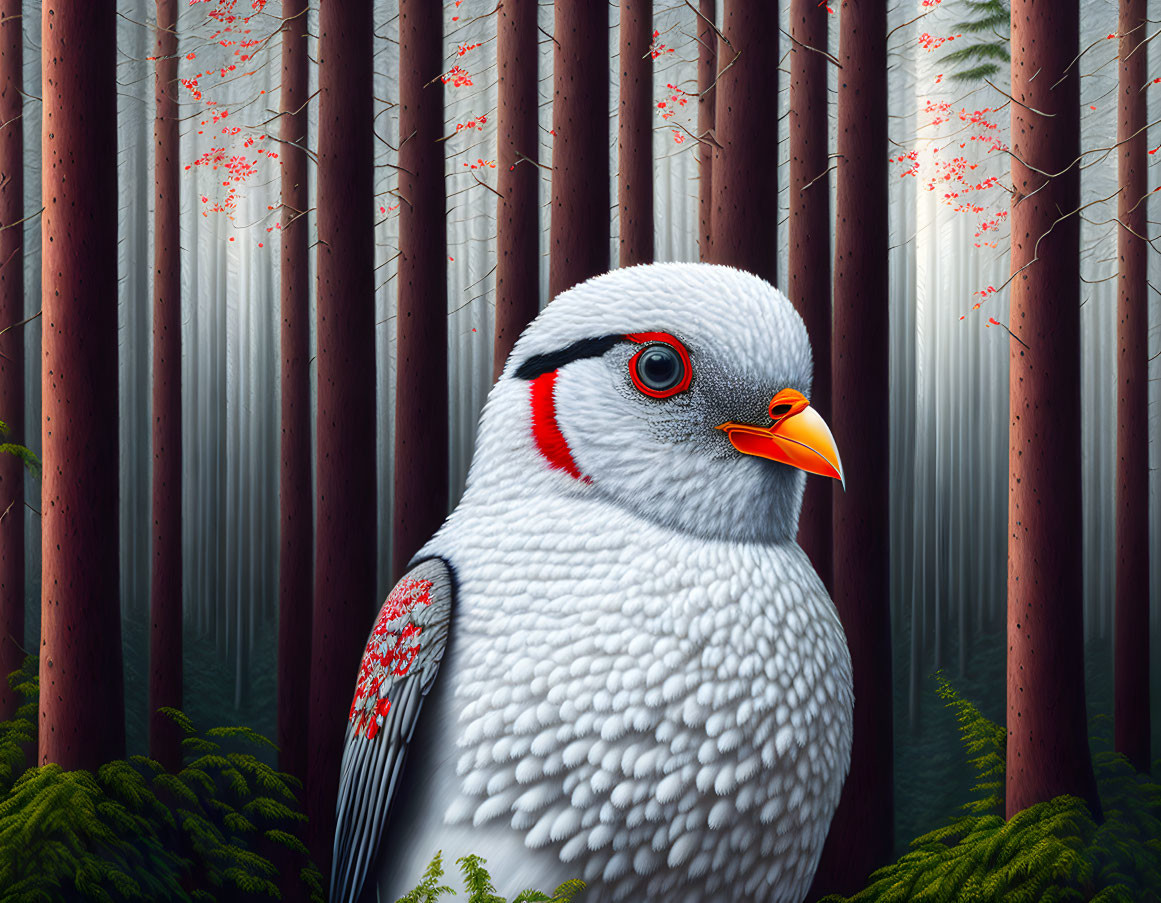 Detailed White Bird Digital Illustration in Misty Forest