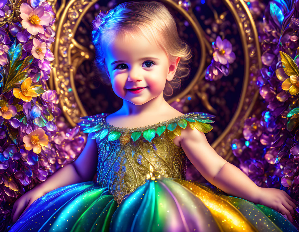 Young girl in sparkly fairy dress surrounded by vibrant flowers and ornate patterns