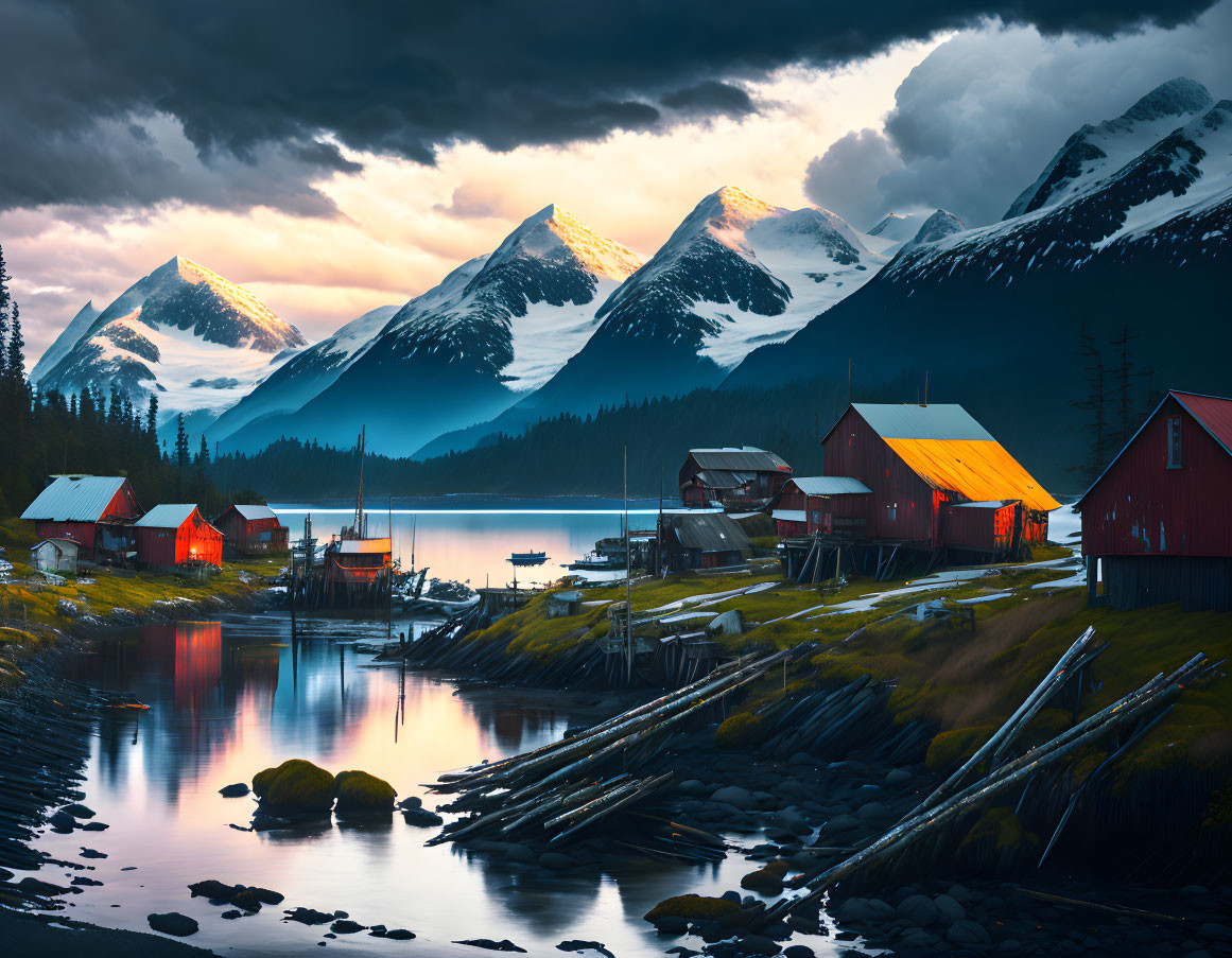 Snow-capped mountains at sunset over red wooden buildings and serene lake