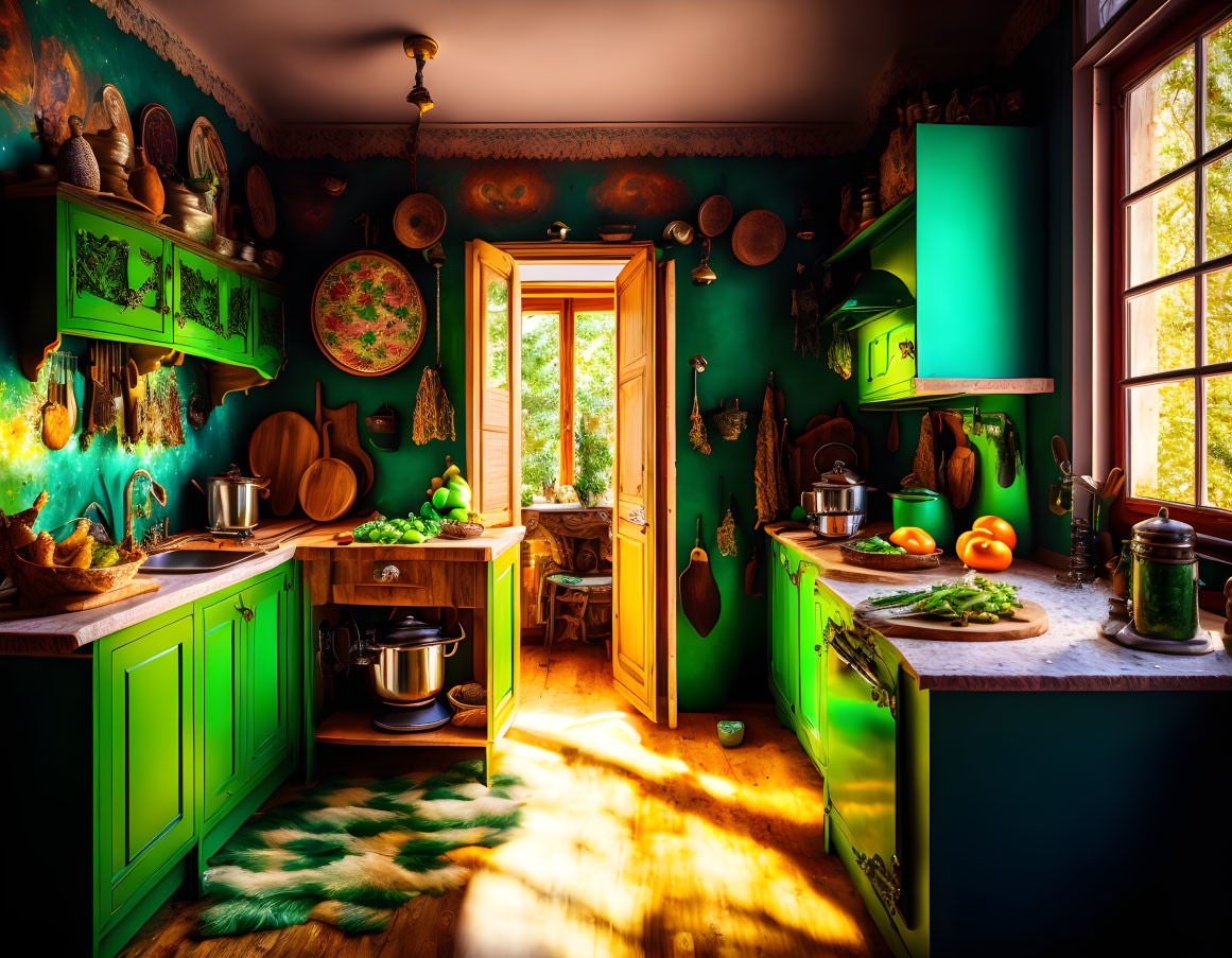 Vintage Kitchen with Green Cabinets and Copper Pots