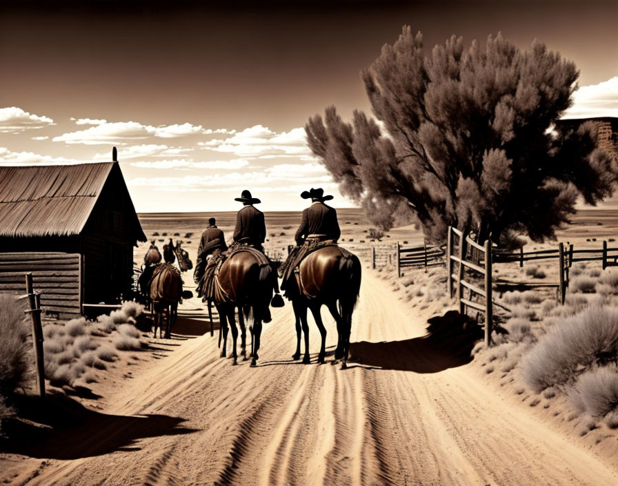 Cowboys on horseback near wooden cabin and fence under cloudy sky