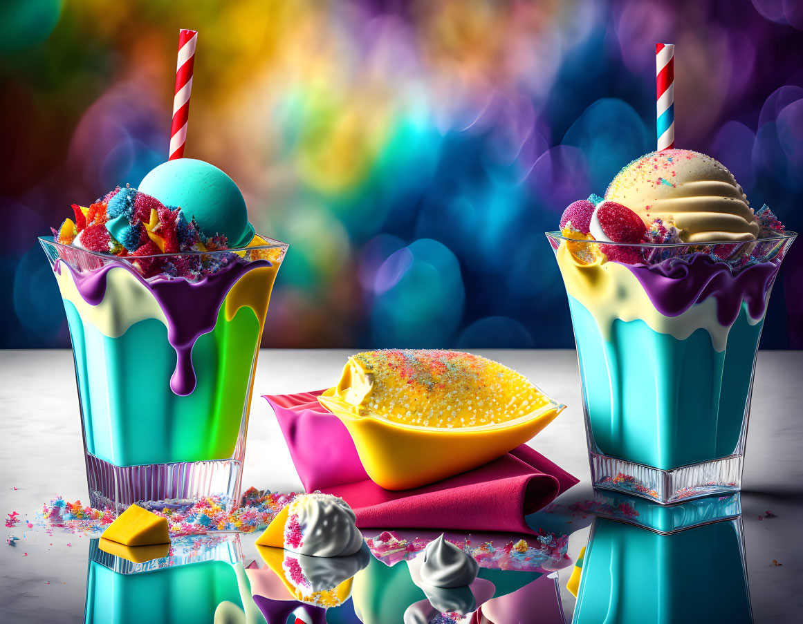 Vibrant ice cream sundaes in blue glasses with sprinkled toppings