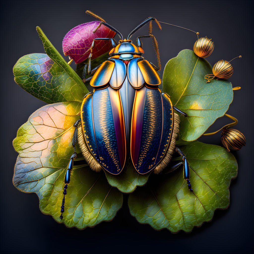 Vibrant beetle illustration with iridescent tones and intricate patterns