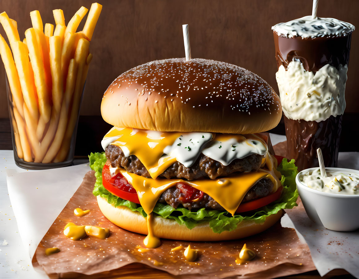 Double Cheeseburger with Fries, Lettuce, Tomato, Chocolate Milkshake on Wooden Table