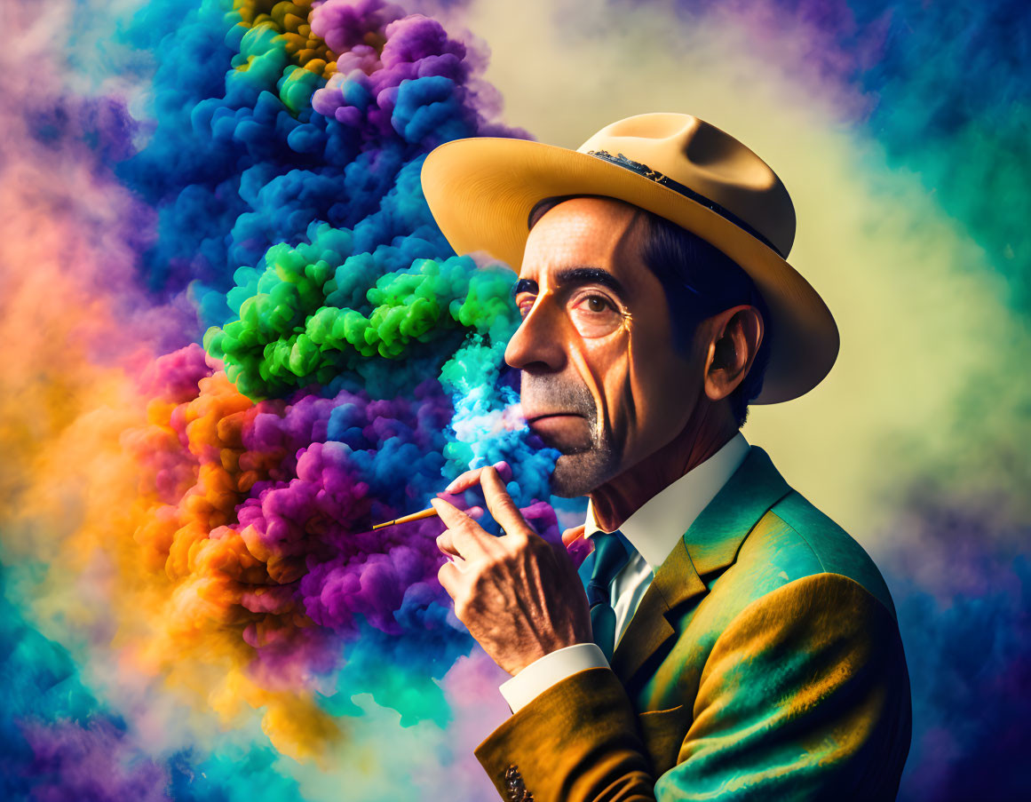 Man in Yellow Hat Exhales Multicolored Smoke on Blue Background