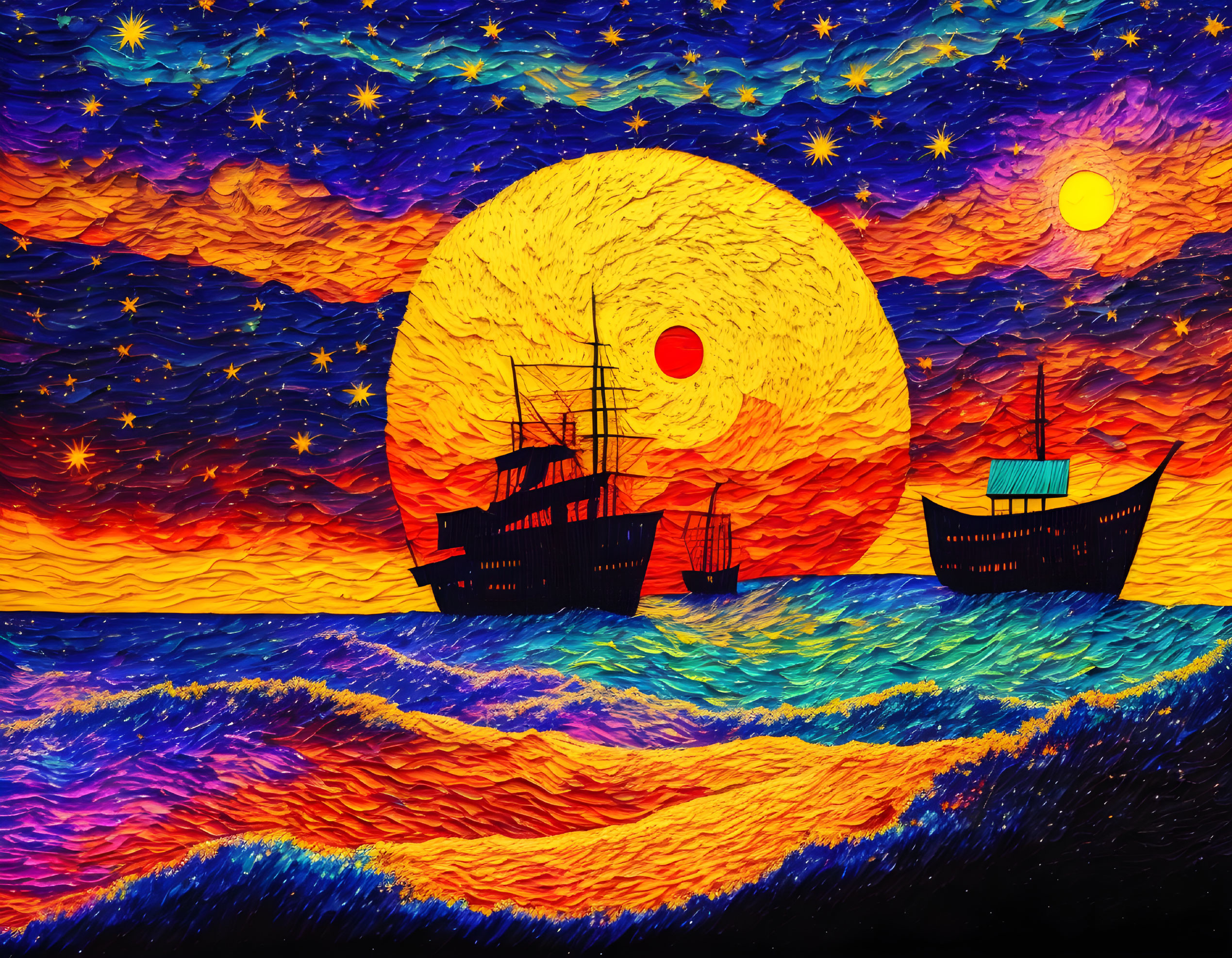 Surreal starry sky artwork with sun, ships, and vibrant seas