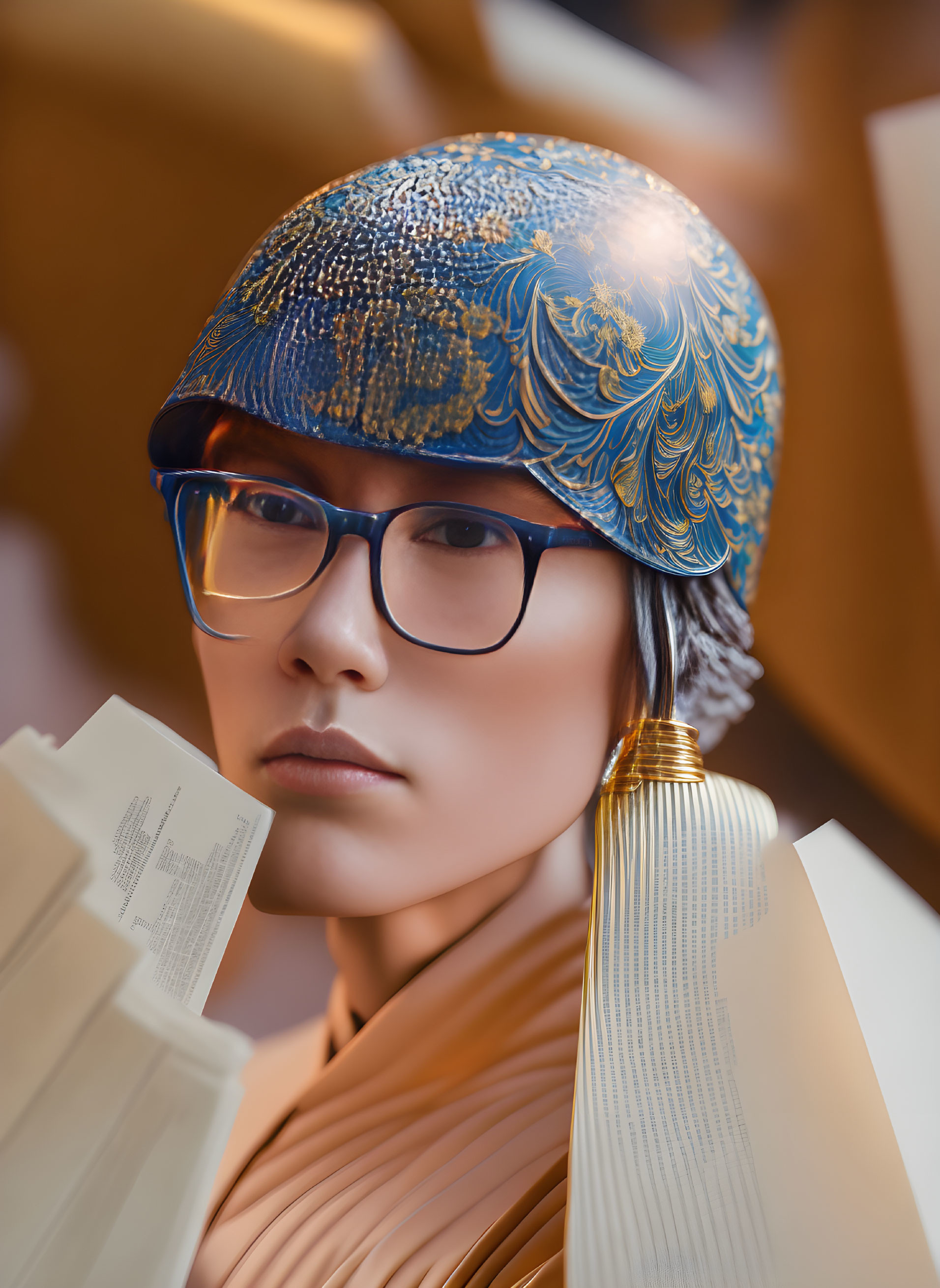 Person in glasses with blue headscarf and turtleneck holding pages