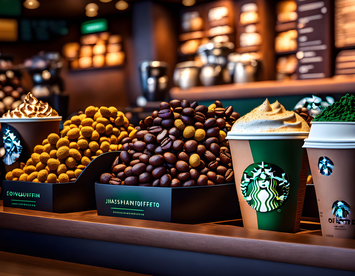 Various Starbucks drinks and coffee beans in a cozy café setting