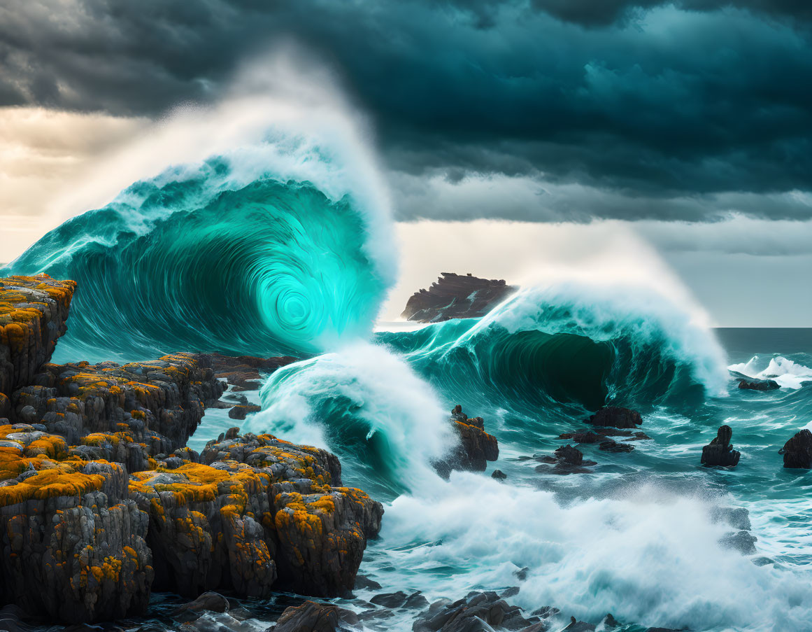 Vibrant green waves crashing against moss-covered rocks under stormy sky