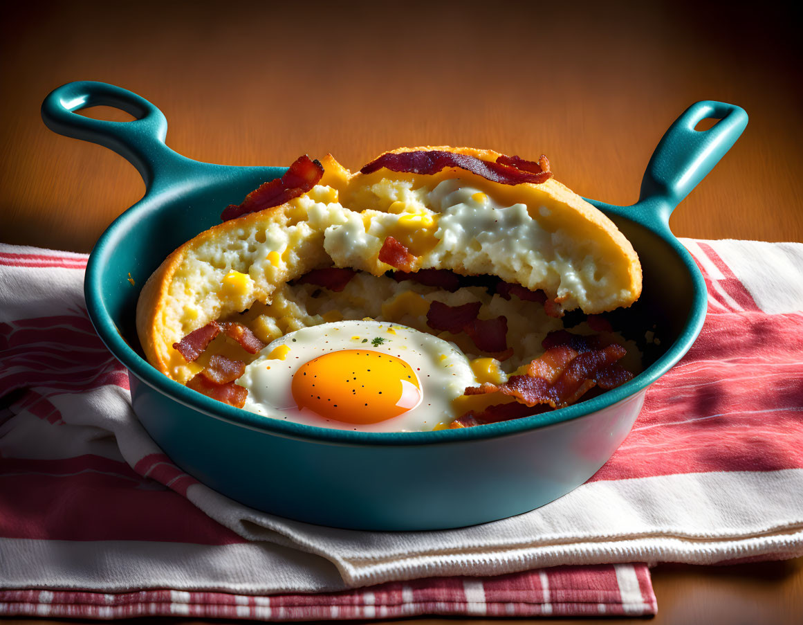 Sunny-Side-Up Egg and Bacon Strips on Mashed Potatoes in Blue Skillet