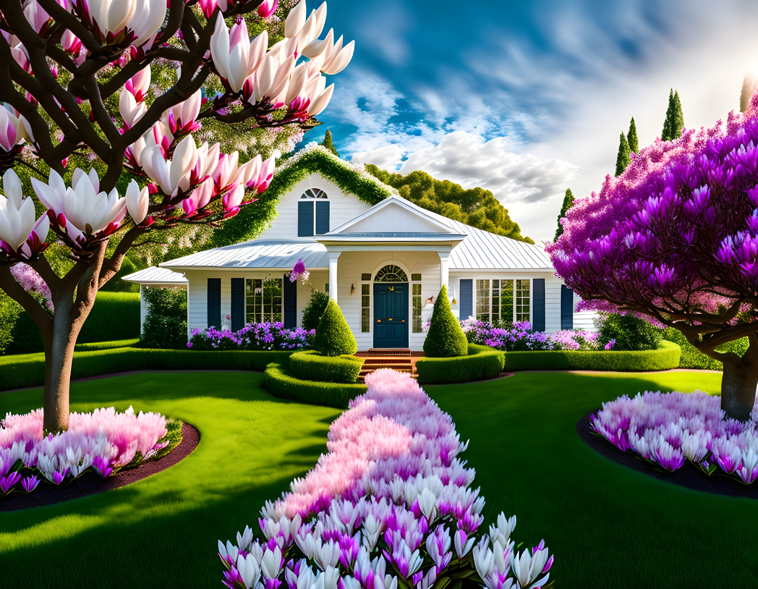 White Suburban House with Magnolia Trees and Green Lawn