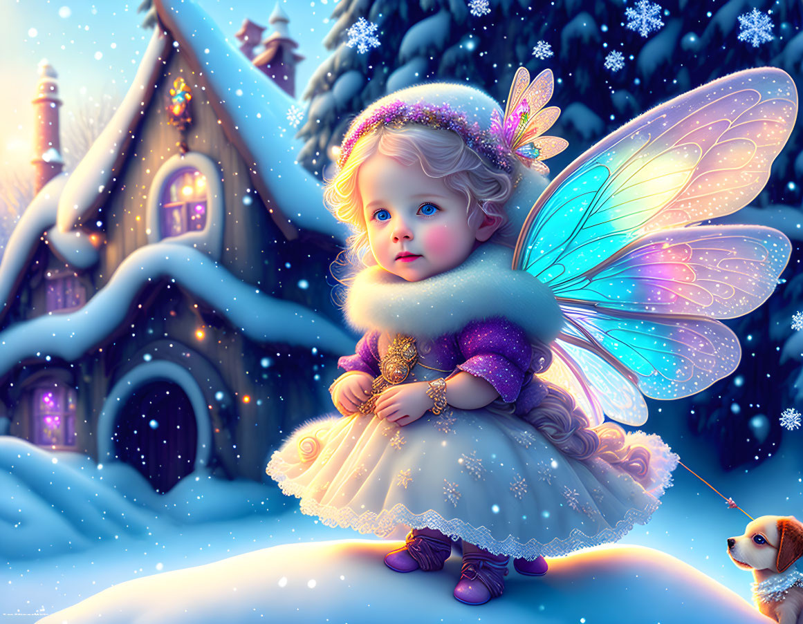 Young fairy with iridescent wings and snowy backdrop, small dog, snow-covered cottage