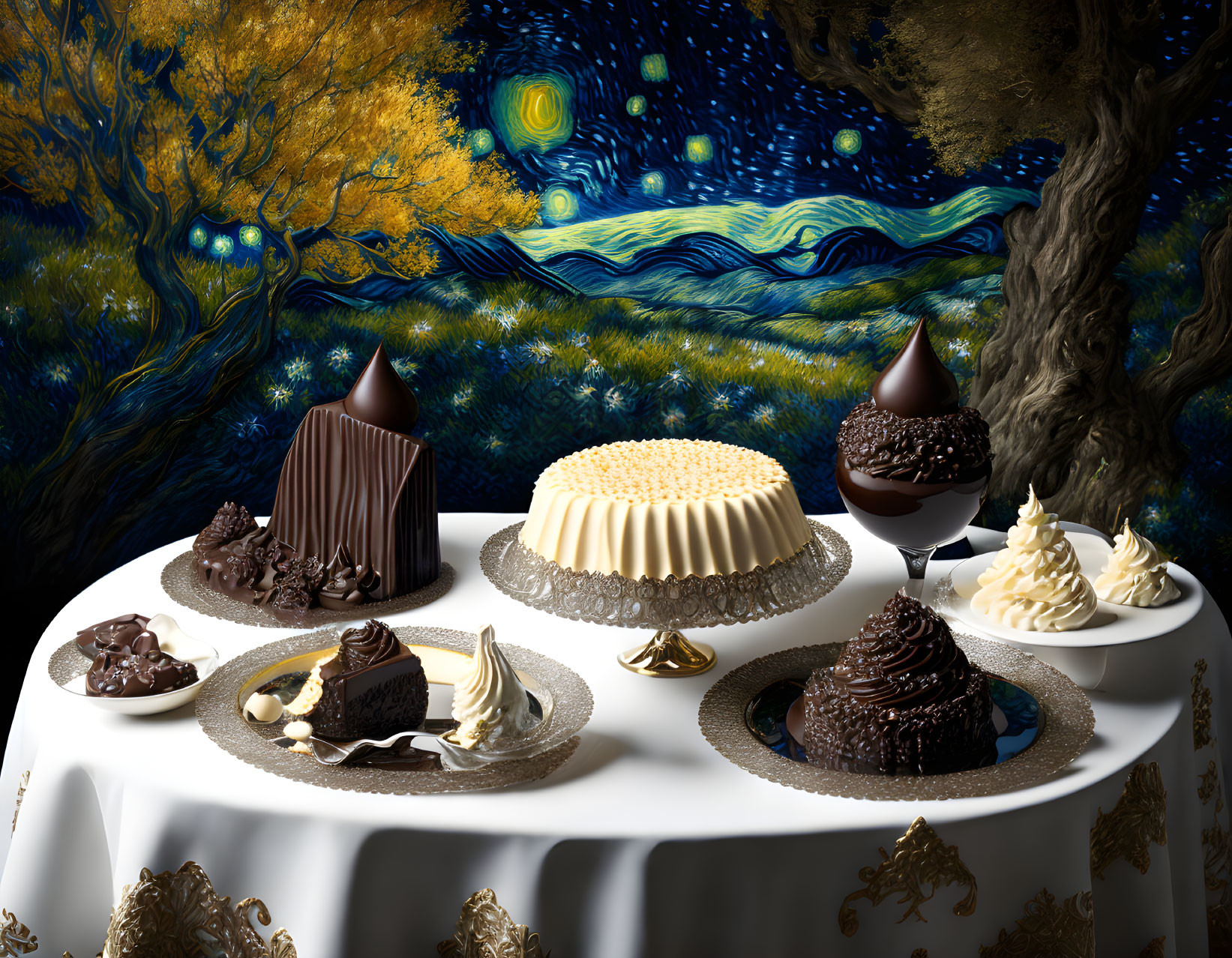 Assortment of intricate chocolate desserts with 'Starry Night' backdrop