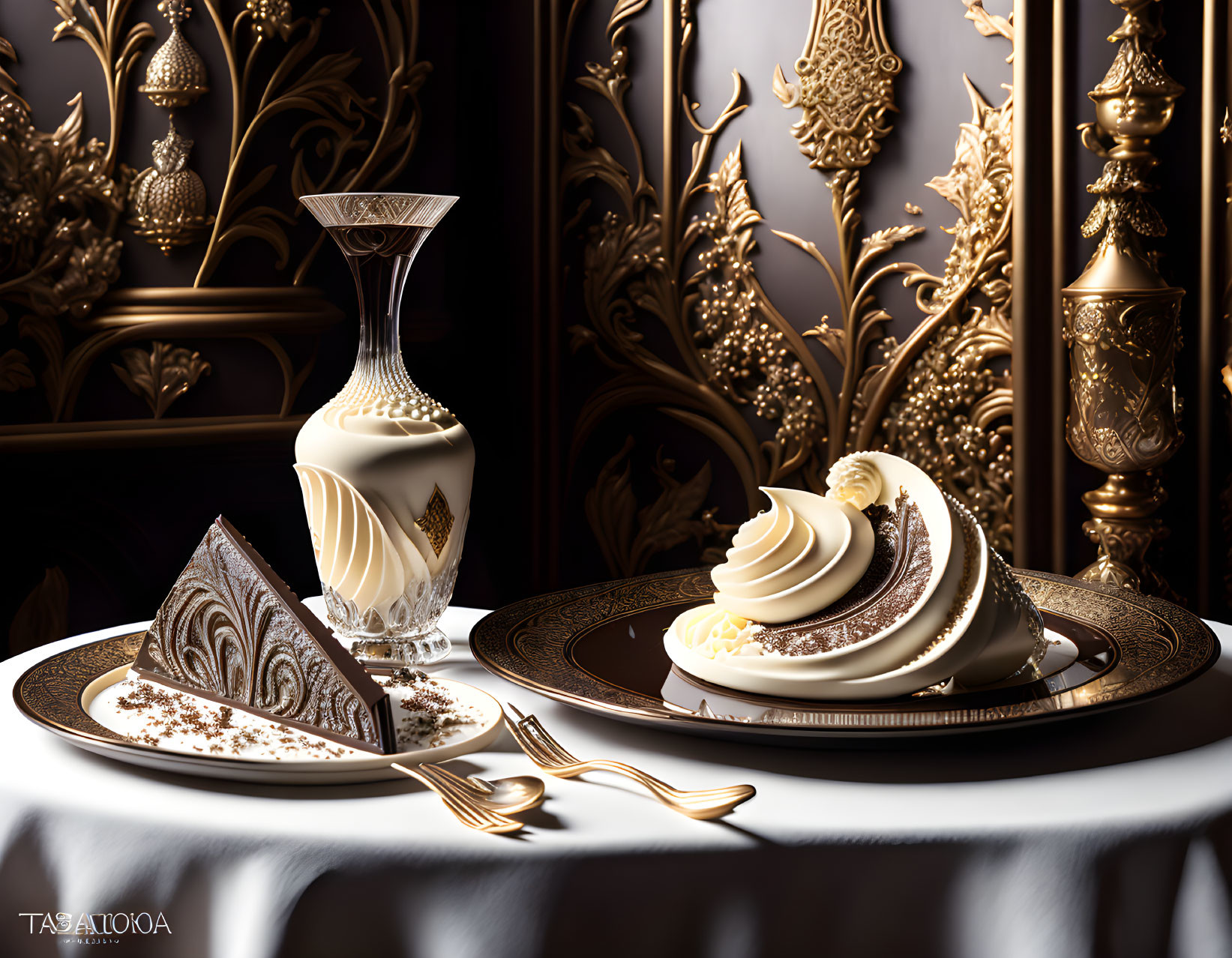 Luxurious Chocolate Cake Dessert Setting with Golden Utensils