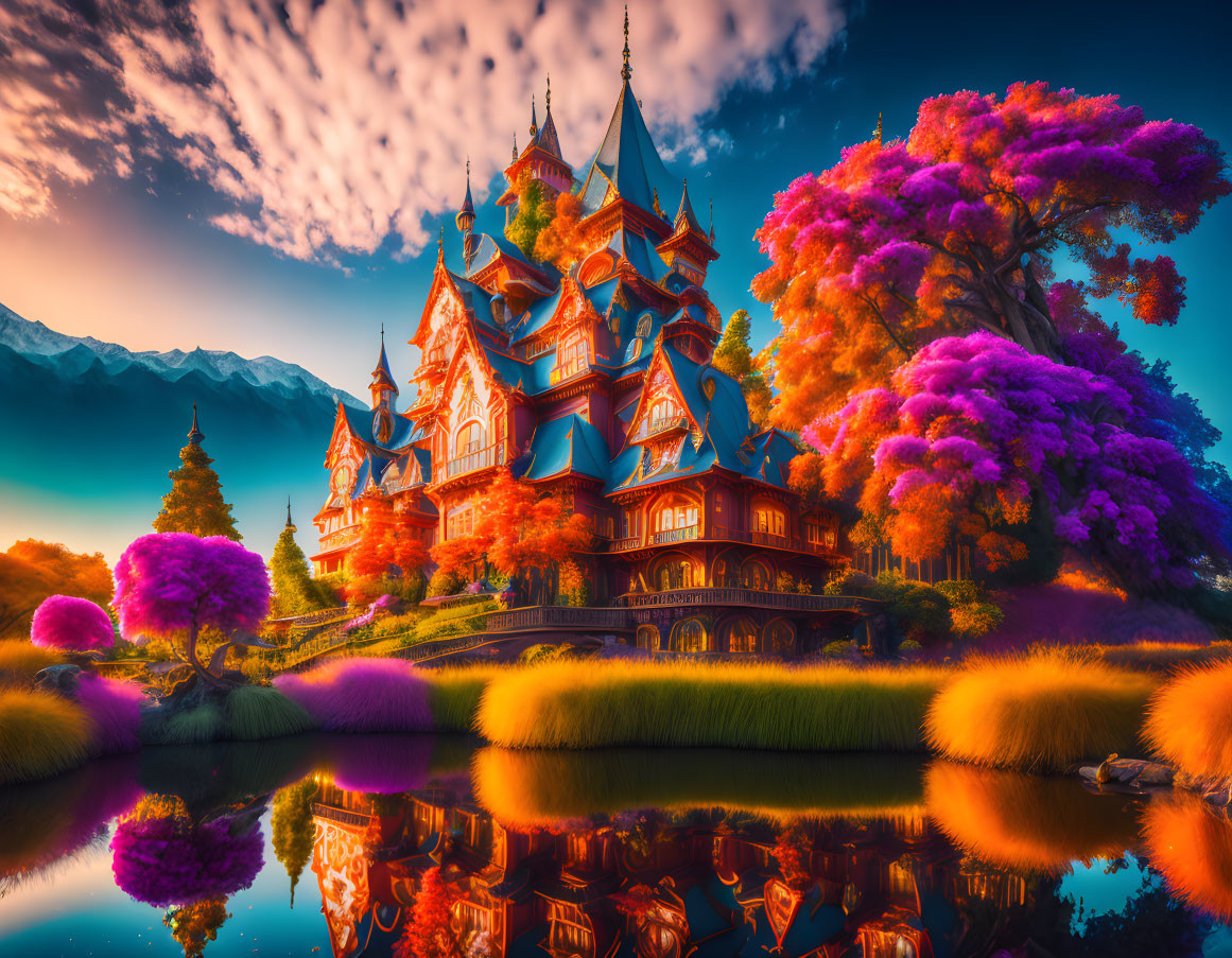 Vibrant orange and blue castle in colorful landscape.