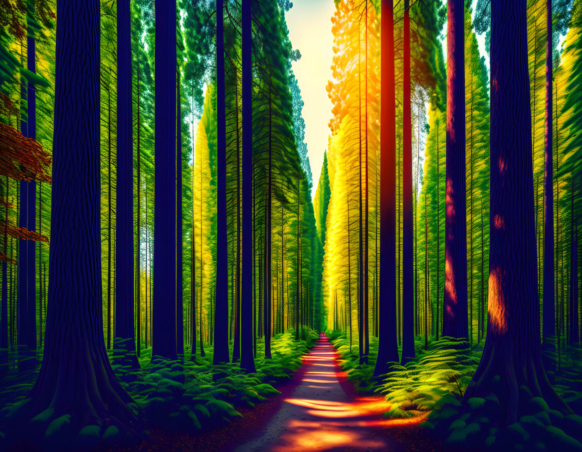 Tranquil forest path with tall trees and warm light