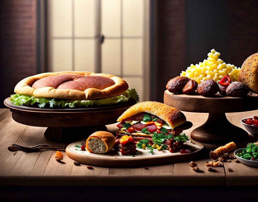 Appetizing Food Array on Wooden Serveware Against Dark Backdrop